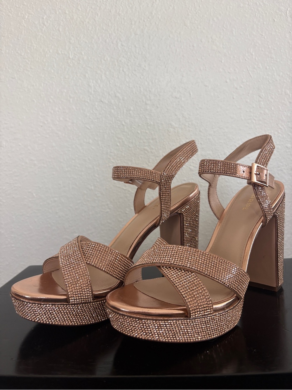 Rhinestone Platform Block Heel Sandal - Rose Gold